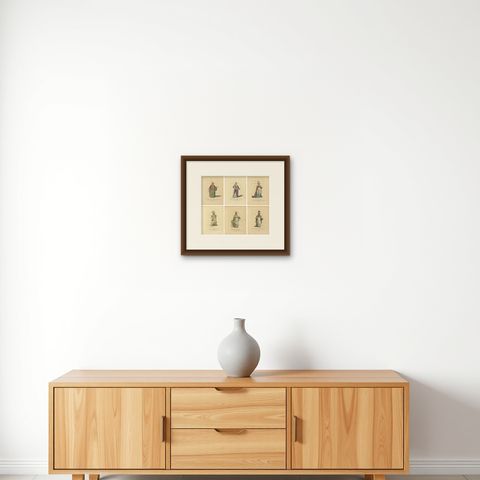 Set of 6 Ottoman Costume Prints, Hand-Colored Engravings, 1767, shown framed on a wall