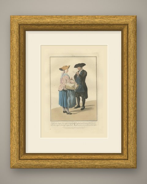 Off to the Fair with Butter and Eggs, Dutch Costume Print, 1811, shown framed