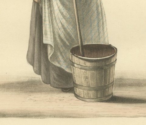 Maid Servant washing the Pavement, Dutch Cleanliness, Antique Print, 1817, close-up 2