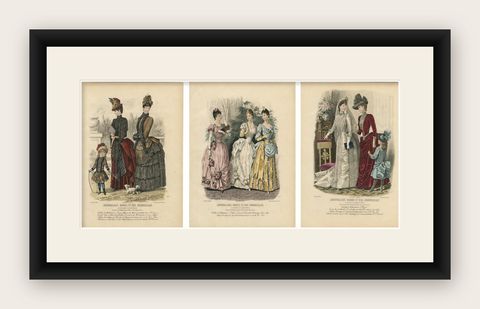 Set of 3 Antique French Fashion Plates, Paris Ladies, Lace & Velvet, c.1880, shown framed