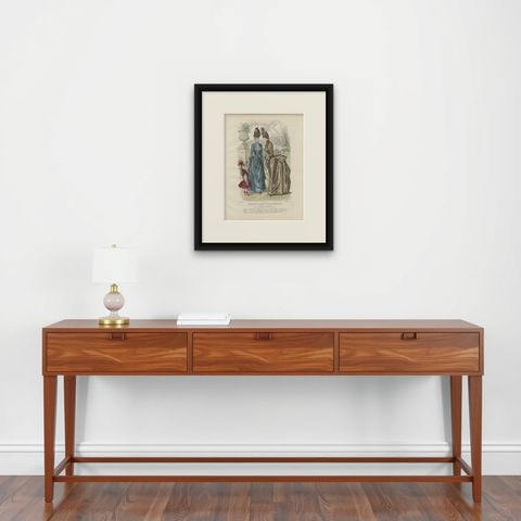 Antique French Fashion Plate, Ladies and Child in Park Scene, c.1880, shown framed on a wall