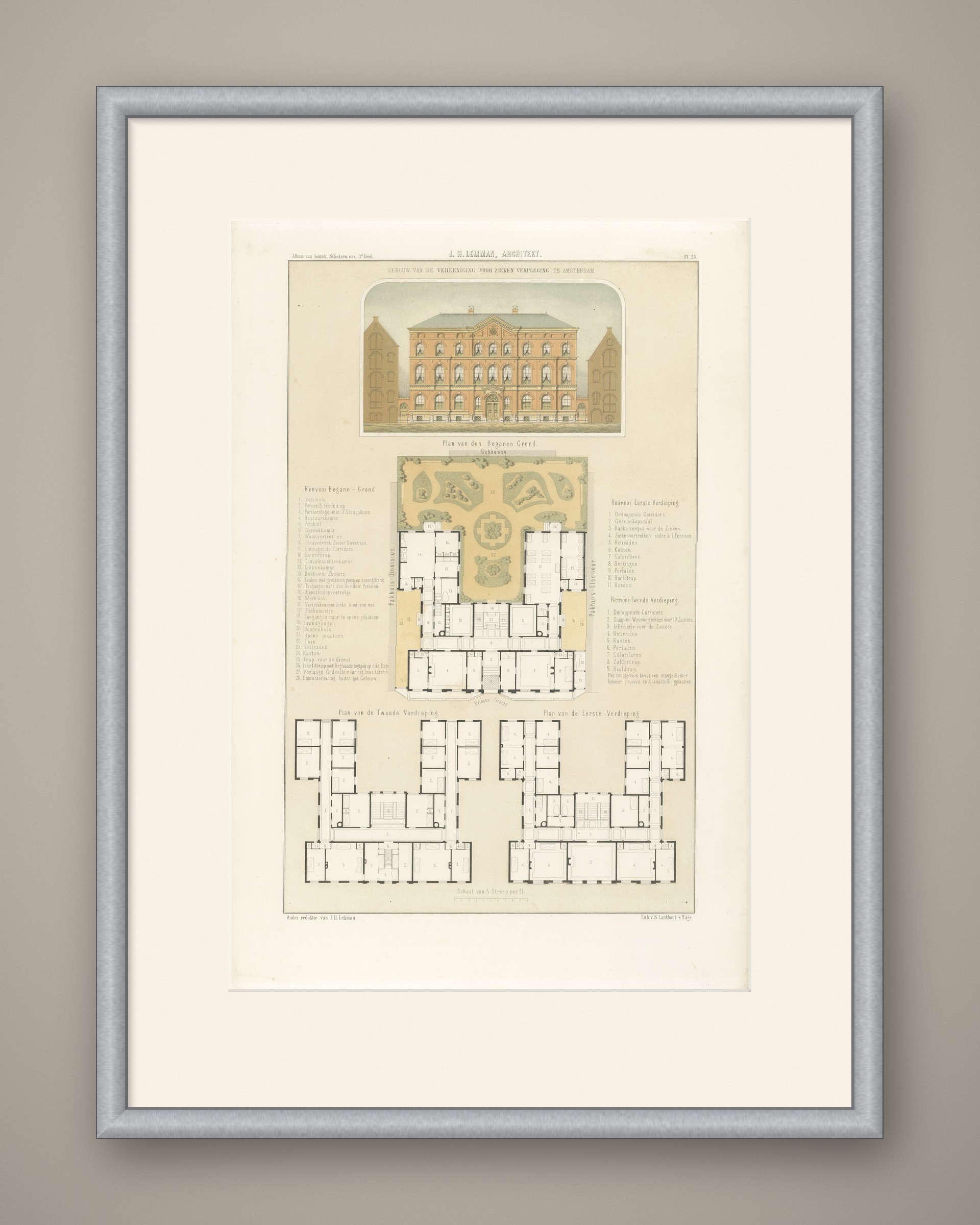 Prinsengracht Hospital, Amsterdam, Dutch Architecture Print, Leliman, 1865-1866, shown framed