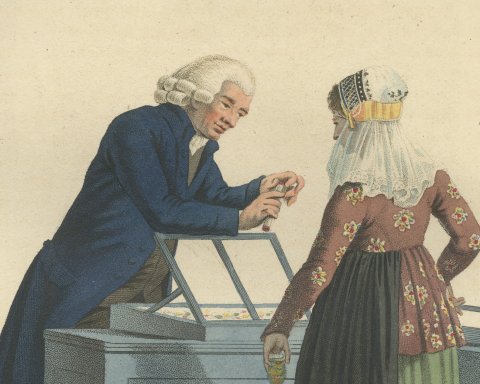 The Fixed Price, Shopkeeper and Customer, Dutch Costume Print, 1811, close-up 1