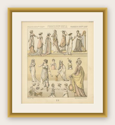 Pl. 124 Antique Print of French 18th Century Women's Costumes by Racinet, shown framed