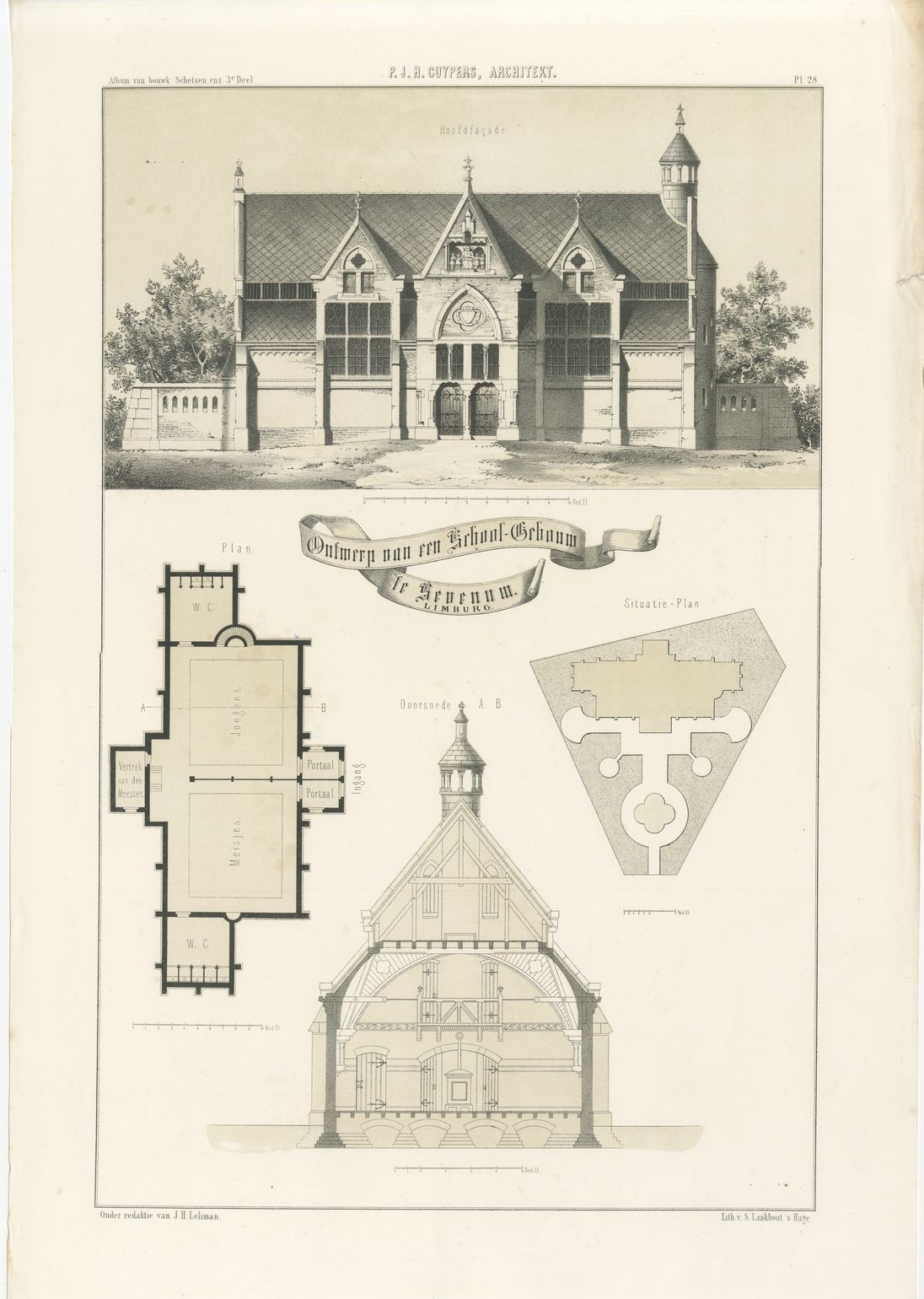Cuypers Gothic School, Limburg, Dutch Architecture Print, Leliman, 1865-1866