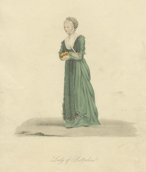 Antique Hand-Colored Engraving of a Lady of Rotterdam in The Netherlands, 1817, close-up 1