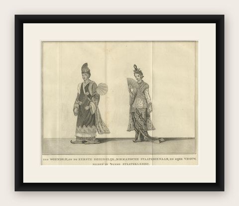 Royal Burmese Official & His Wife in State Attire, Antique Costume Print, c1800, shown framed