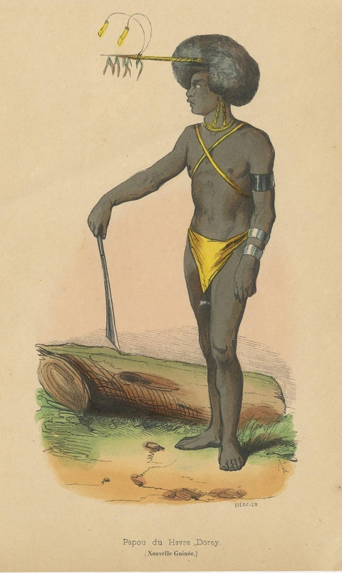 Antique Costume Print of a Papua from Dorey Harbour by Wahlen, 1843, view 3