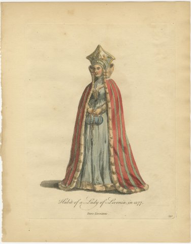 Habit of a Lady of Livonia in 1577, Hand Colored Jefferys Costume Plate, 1757, view 2