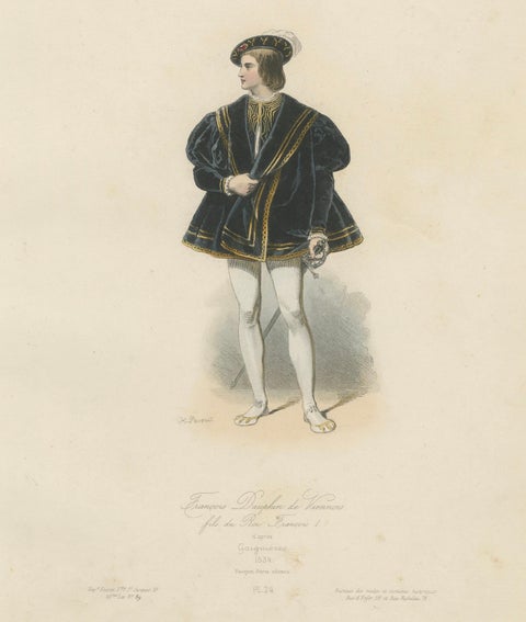 Antique French Costume Print of François Dauphin de Viennois, Renaissance Attire, close-up 4