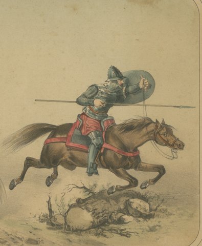 Spanish Mounted Crossbowman and Lancer by Villegas, Clonard Album, 1861, close-up 2