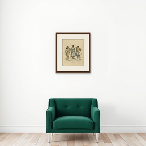 Nenet, Aleut & Inuit Costume Study, Brodtmann Lithograph, 1816, shown framed on a wall