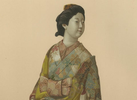 A Stunning Lithograph Showcasing a Japanese Lady Dressed in Kimono, 1884, close-up 2