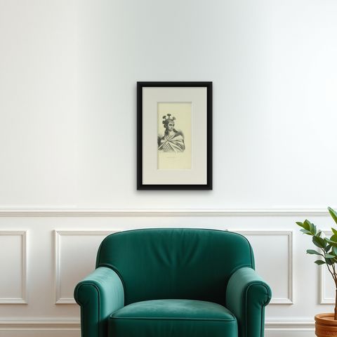 Warrior of the Sandwich Islands, Antique Wahlen Costume Print, 1843-1844, shown framed on a wall