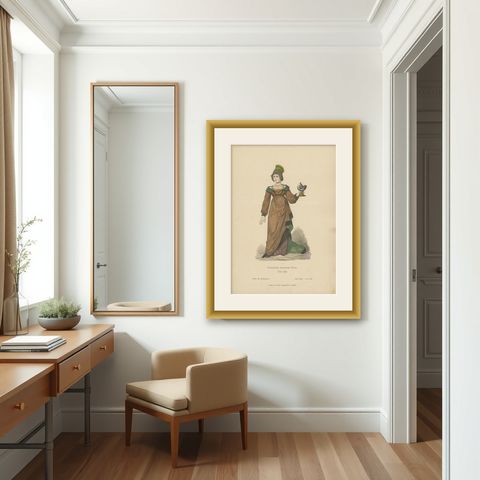 Antique Costume Print of a German Noblewoman by Lipperheide, c.1880, shown framed in a room