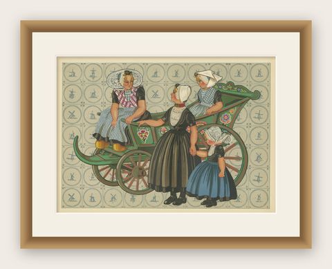 Colorful Walcheren Girls in Traditional Dress Riding a Painted Market Cart, 1932, shown framed