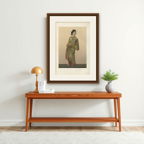 A Stunning Lithograph Showcasing a Japanese Lady Dressed in Kimono, 1884, shown framed on a wall
