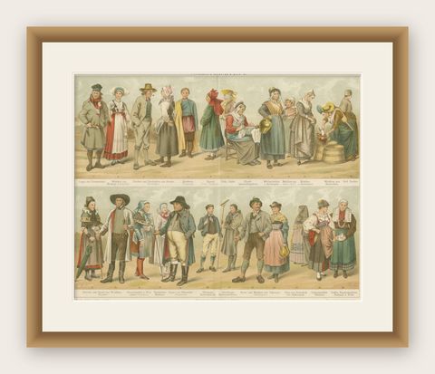 Traditional Folk Costumes from Europe, From Volkstrachten I. c. 1890, shown framed