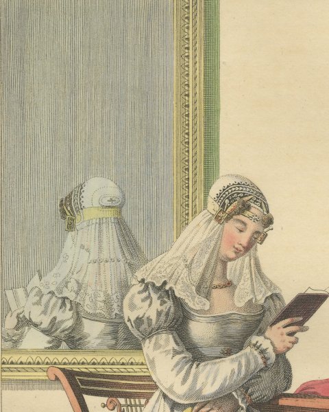 North Holland Lady in her Drawing Room, Dutch Costume Print, circa 1820, close-up 2