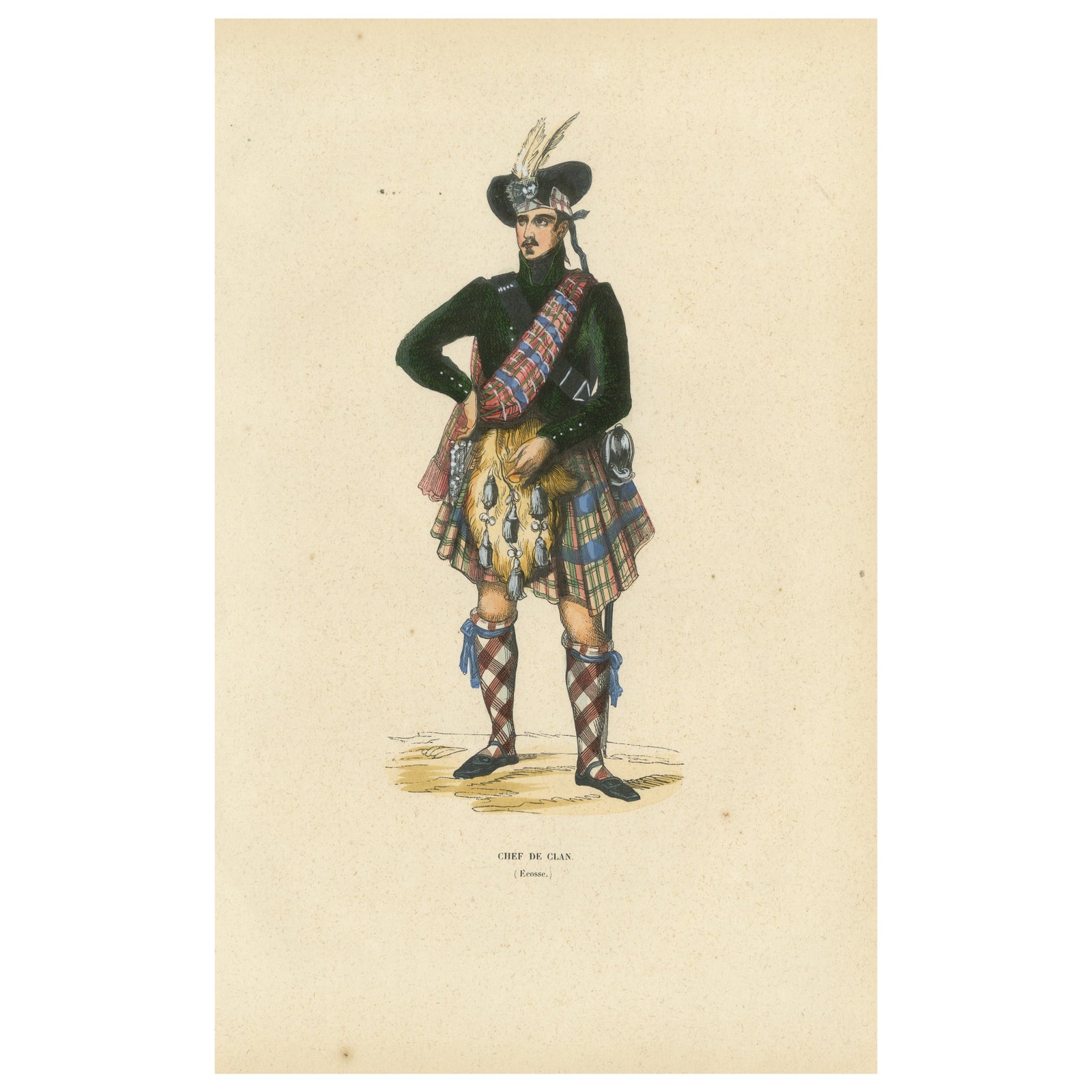 Scottish Clan Chief in Highland Dress, Hand-Coloured Lithograph, c.1845