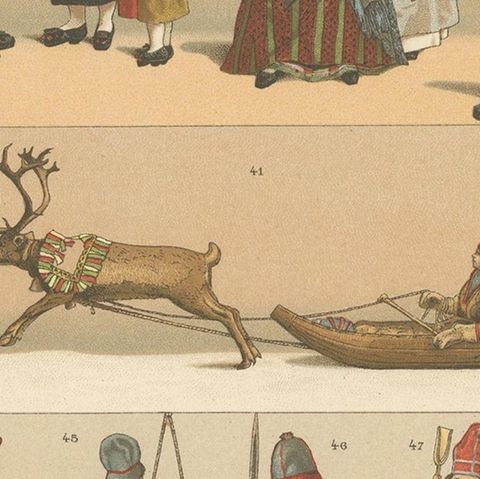 Pl. 126 Antique Print of Swedish Costumes of Racinet, 'circa 1880', close-up 2