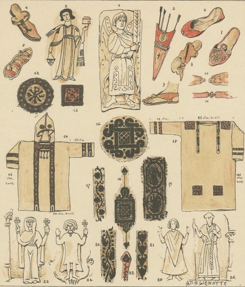 Antique Coptic Costume and Textile Plate, Hand-Colored Print c.1880, close-up 1