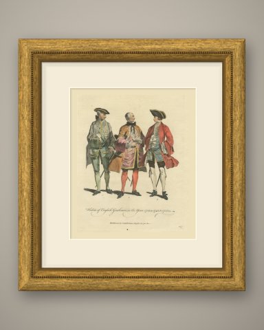 Three English Gentlemen of 1735, 1745 and 1755, Jefferys Costume Print, 1757, shown framed