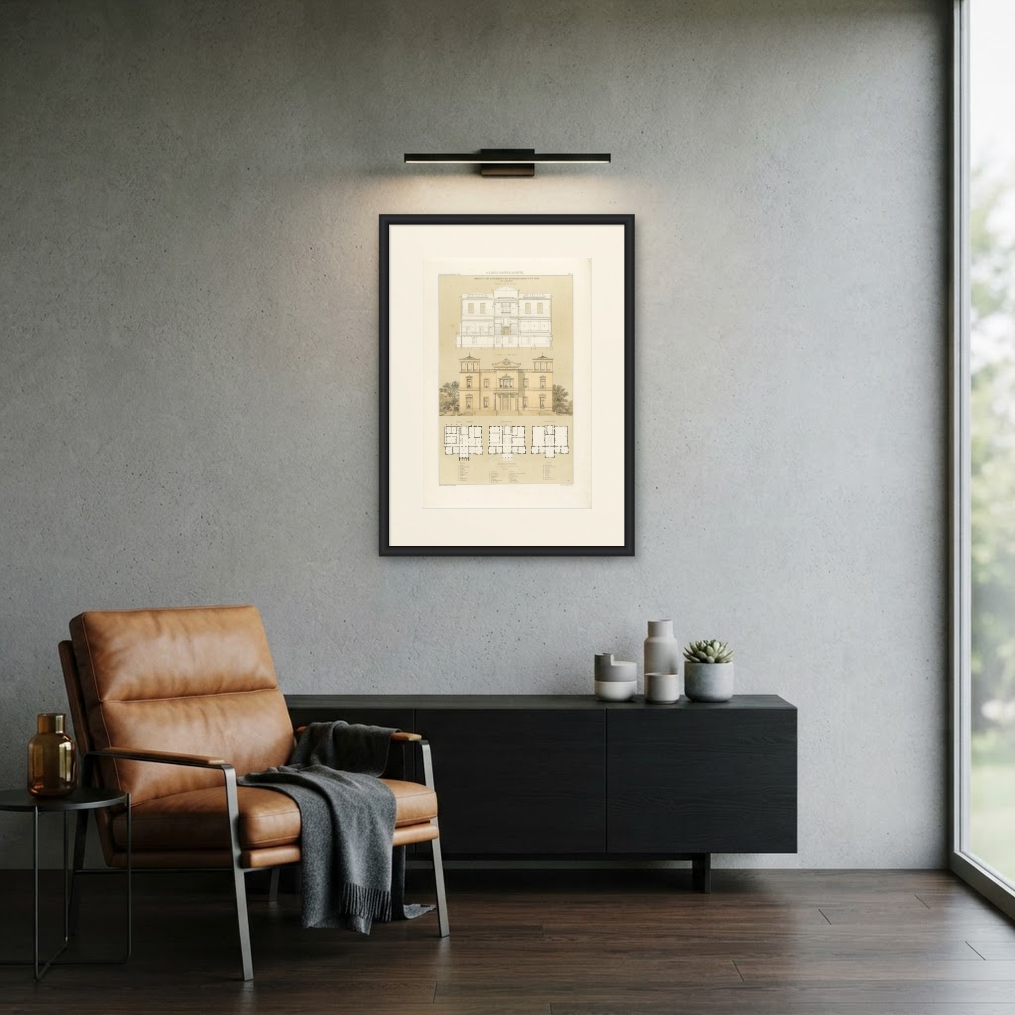 Ultrajectum Office Building, Zeist, Dutch Architecture Print, Leliman, 1865-1866, shown framed in a room