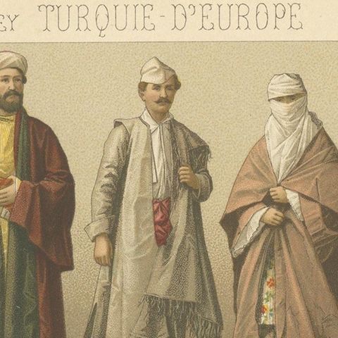 Pl. 77 Antique Print of European Turkish Costumes by Racinet, 'circa 1880', close-up 1