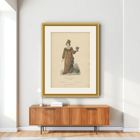 Antique Costume Print of a German Noblewoman by Lipperheide, c.1880, shown framed on a wall