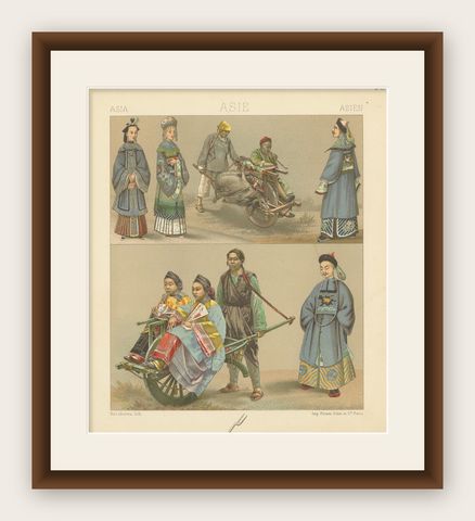 Pl. 56 Antique Print of Asian Costumes by Racinet, 'circa 1880', shown framed