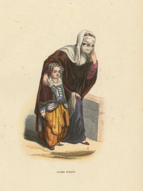 Turkish Woman with Child, Ottoman Costume, Hand-Coloured Lithograph, c.1845, close-up 1