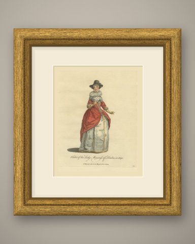 Lady Mayoress of London in 1640, Ruff and Red Gown, Jefferys Costume Print, 1757, shown framed