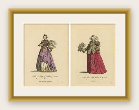 Italian Noblewomen Costume Engravings from Naples, Hand-Colored, 1749, shown framed