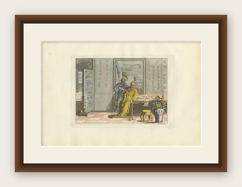 Chinese Interior Scene with Official and Guard, Ferrario Costume Series, 1815, shown framed