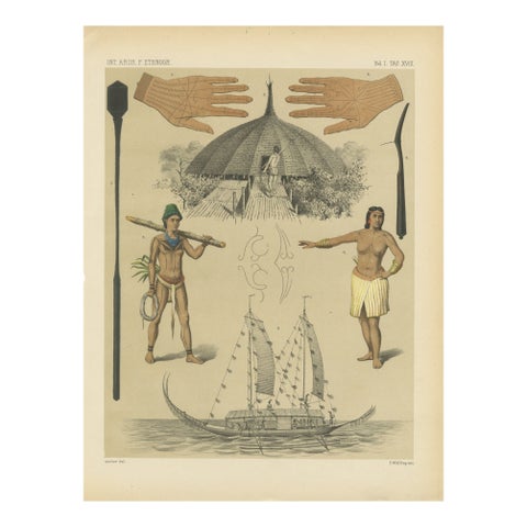 Pacific Island Ethnography, Canoe, Architecture & Costume, Antique Print c.1890