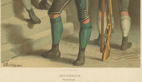 Austrian Folk Costume Prints, Styria, Elegant 19th-Century Pair, Austria, close-up 4