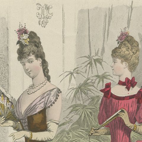 Antique French Fashion Plate, Paris Ladies with Fan & Child, c.1880, close-up 1