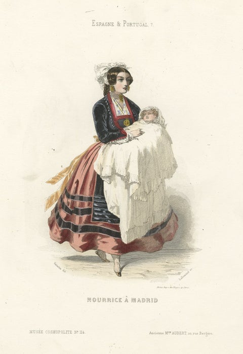 Hand-Colored Antique Print of a Nanny with Child from Madrid, Spain, 1850, close-up 1