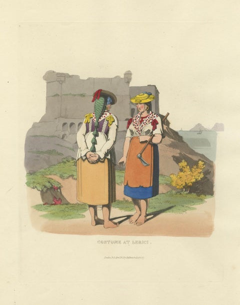 Costume Print: Peasant Women at Lerici in Italy, 1820s Hand-Colored Engraving, close-up 6