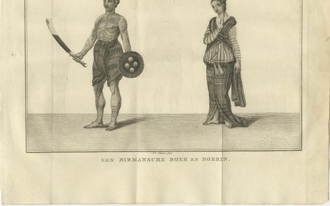 Tattooed Burmese Farmer and His Wife, Antique Costume Print, circa 1800, close-up 2