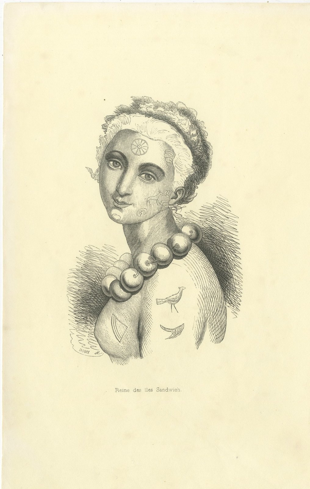 Queen of the Sandwich Islands, Antique Wahlen Costume Print, 1843-1844