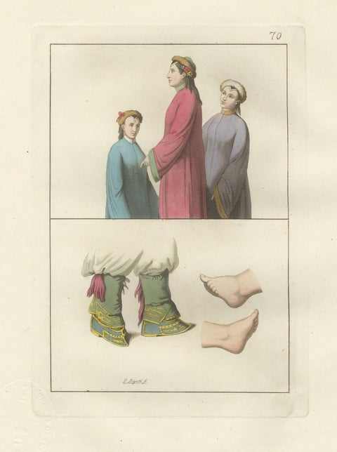 Antique Hand-Coloured Engraving of Chinese Costume & Footbinding, 1815, close-up 1