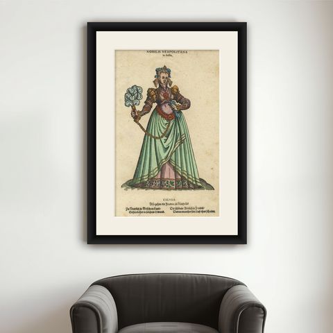 Noblewoman of Naples, Rare Antique Costume Woodcut, Jost Amman, 1577, shown framed on a wall