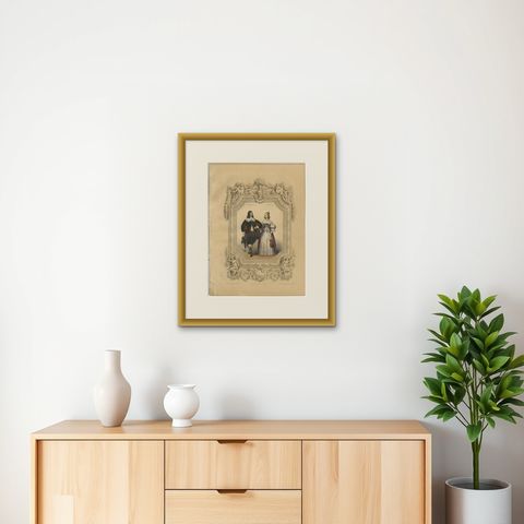 Louis XIII & Anne of Austria French Court Costume Lithograph, 1847, shown framed on a wall