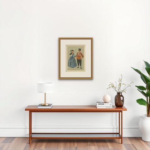 Elegant Dutch Couple in Festive Bergen-Binnen Costume, Early 1800s Print, shown framed on a wall