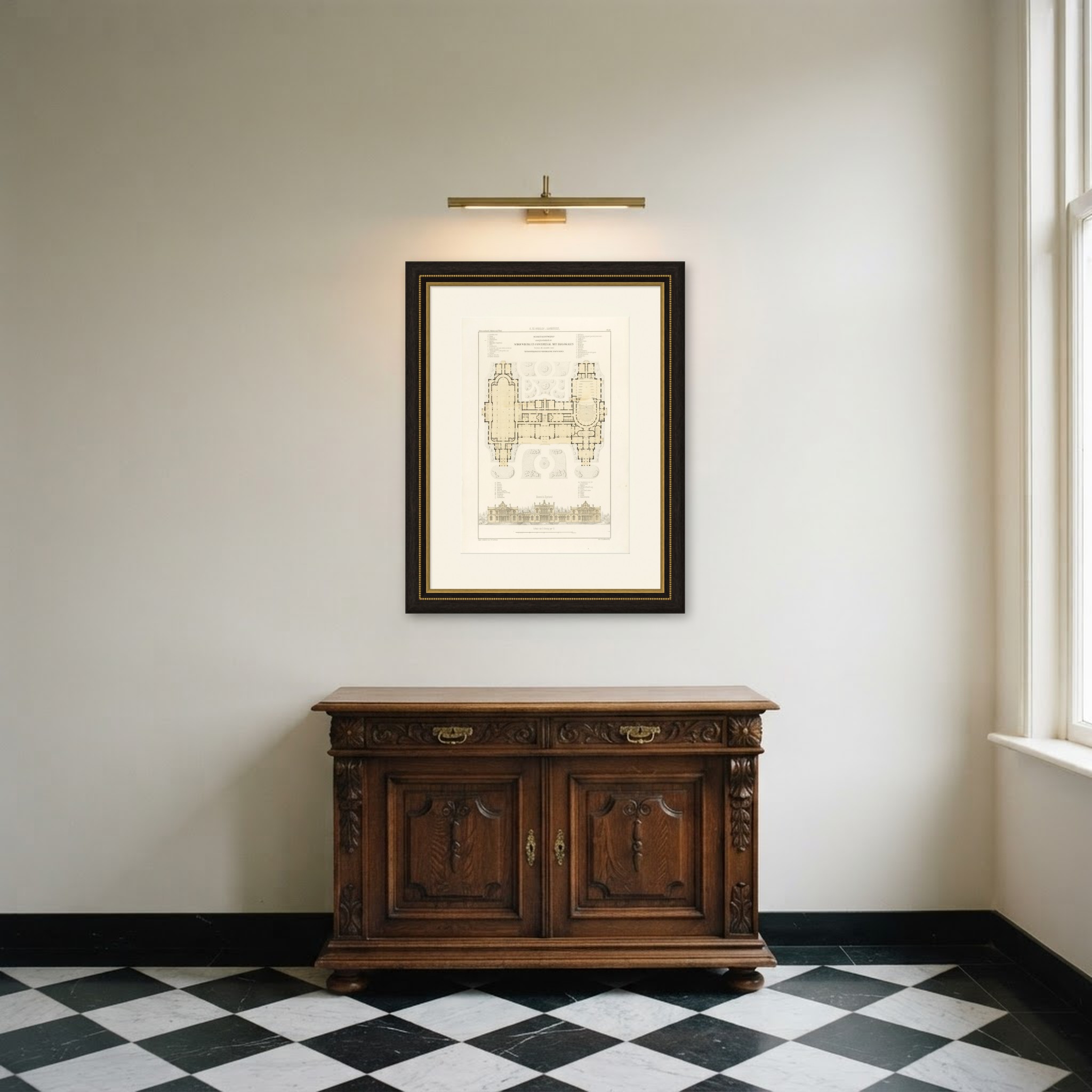 Theatre and Concert Hall Design, Dutch Architecture Print, Leliman, 1865-1866, shown framed in a room