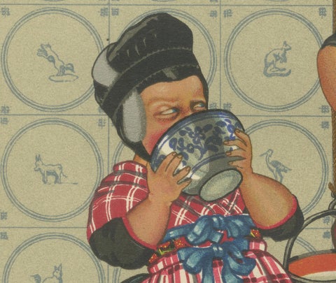 Dutch Folk Costume Print, Everyday Staphorst Dress with Children and Milkmaid, close-up 4