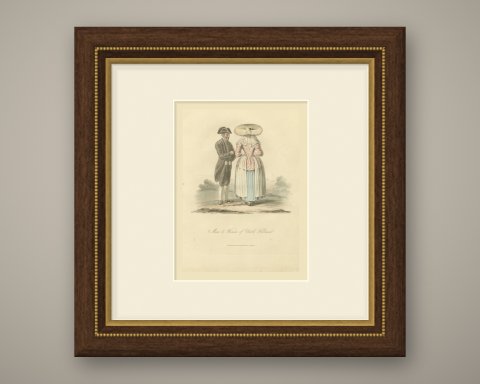 Man and Woman of North Holland, Antique Ackermann Costume Print, 1817, shown framed