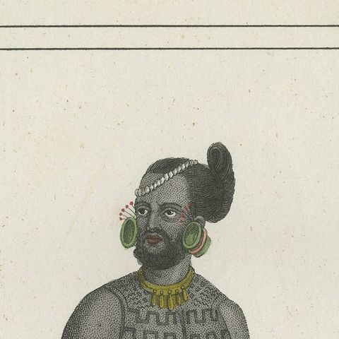 Antique Costume Print of Tattooed Man from Byron Island, 1854, close-up 6